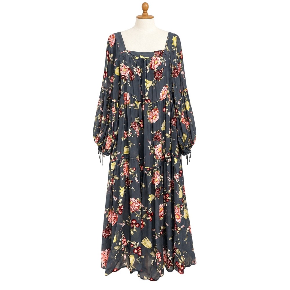 Anthropologie Evelin Maxi Dress 2X Gray Floral Puff Sleeve Boho Tiered Fall